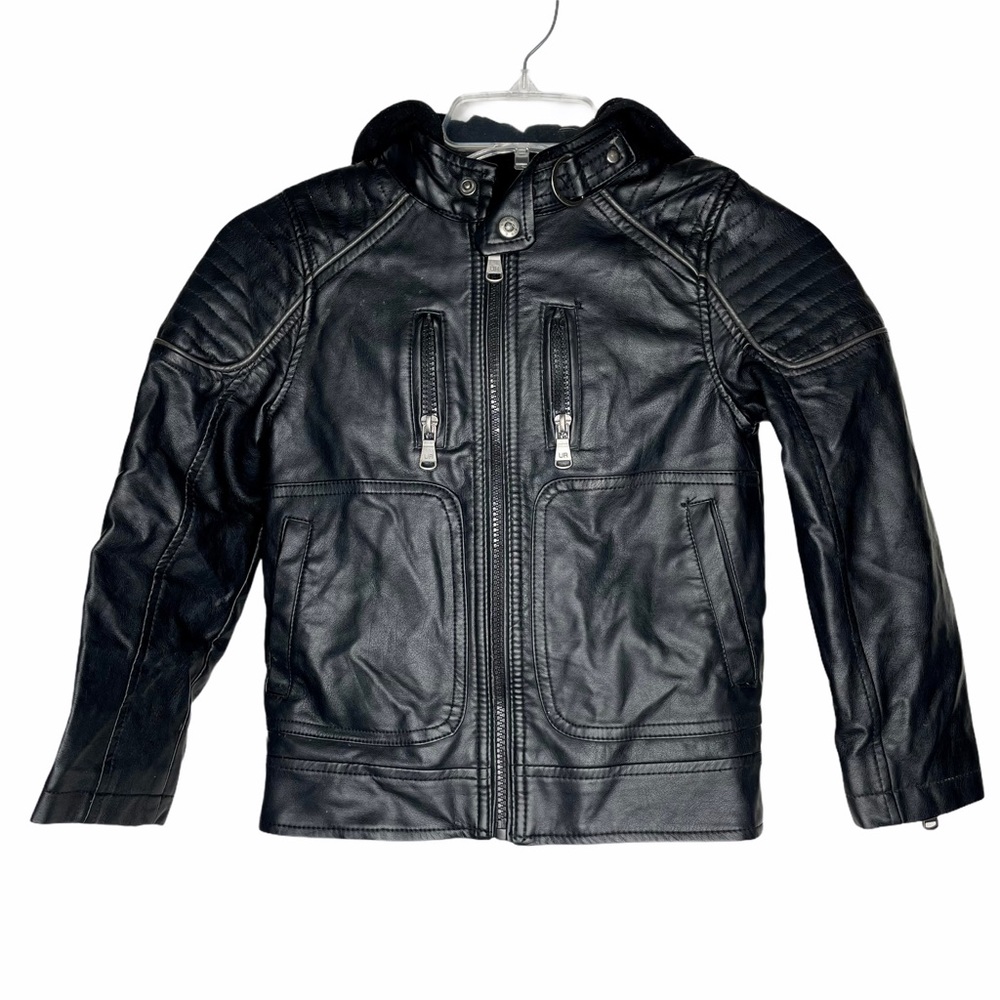 Urban Republic Boys Black Faux Leather Hooded Moto Biker Jacket Size S 5 6
